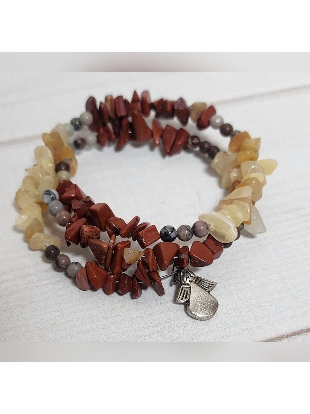 New Yellow Opal Gemstone and Red Jasper Coil Wrap Beaded Bracelet Handmade